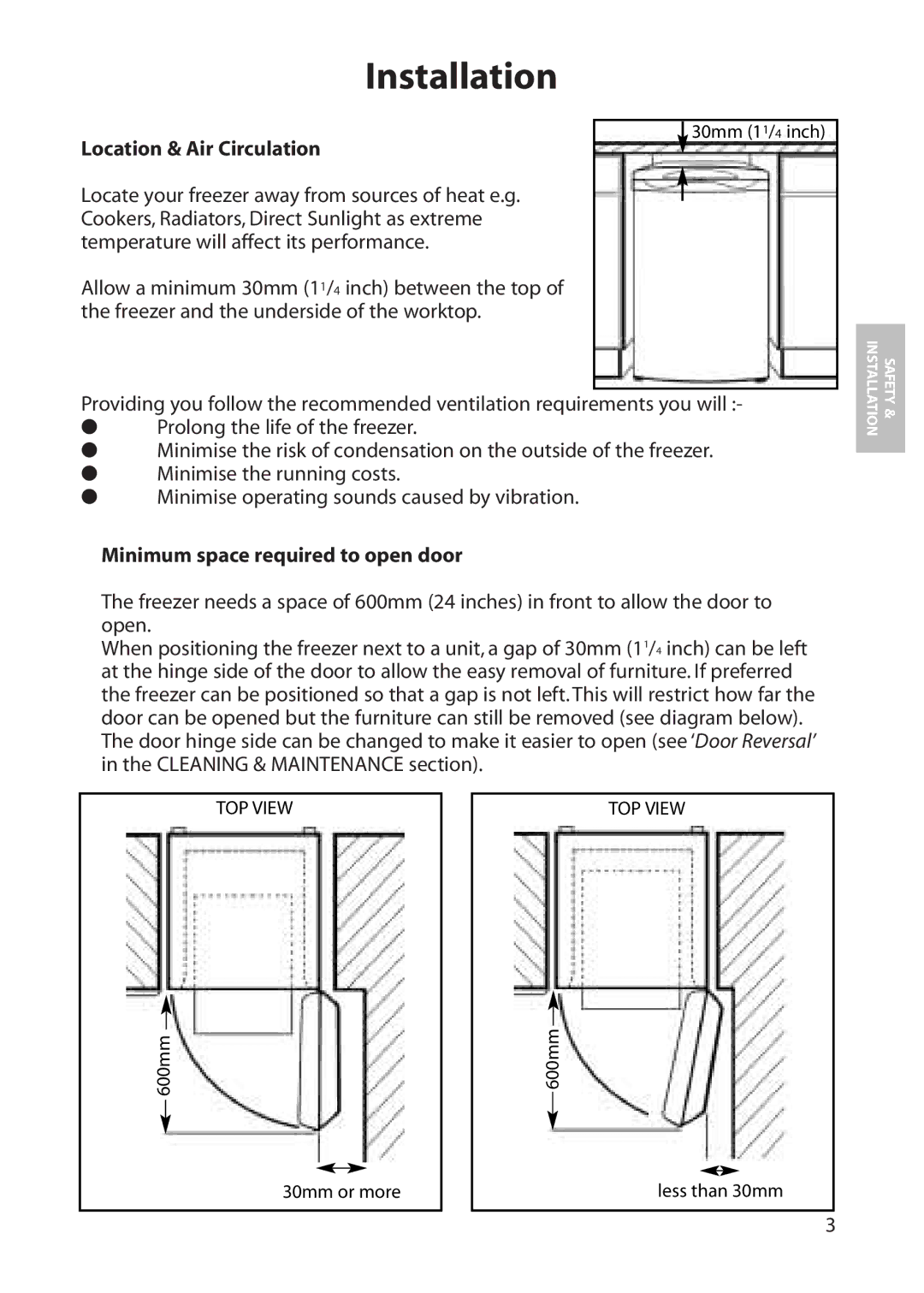 Hotpoint RZA30 manual Installation, Location & Air Circulation, Minimum space required to open door 