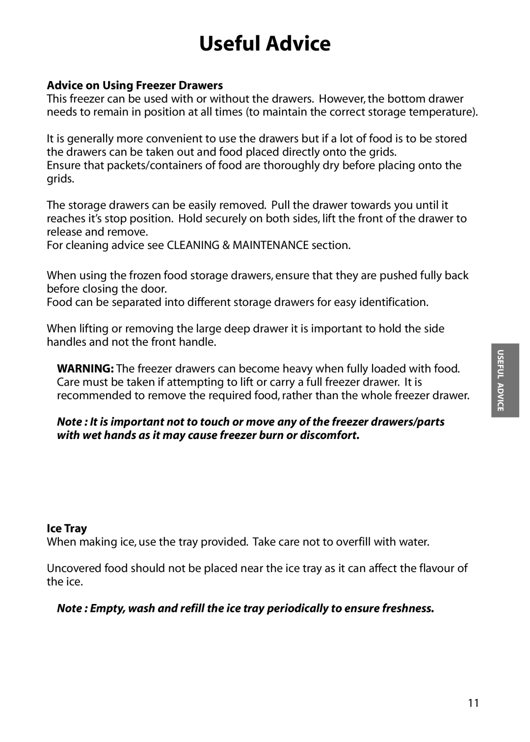 Hotpoint RZM34, RZA36, RZA34, RZM36 manual Advice on Using Freezer Drawers, Ice Tray 