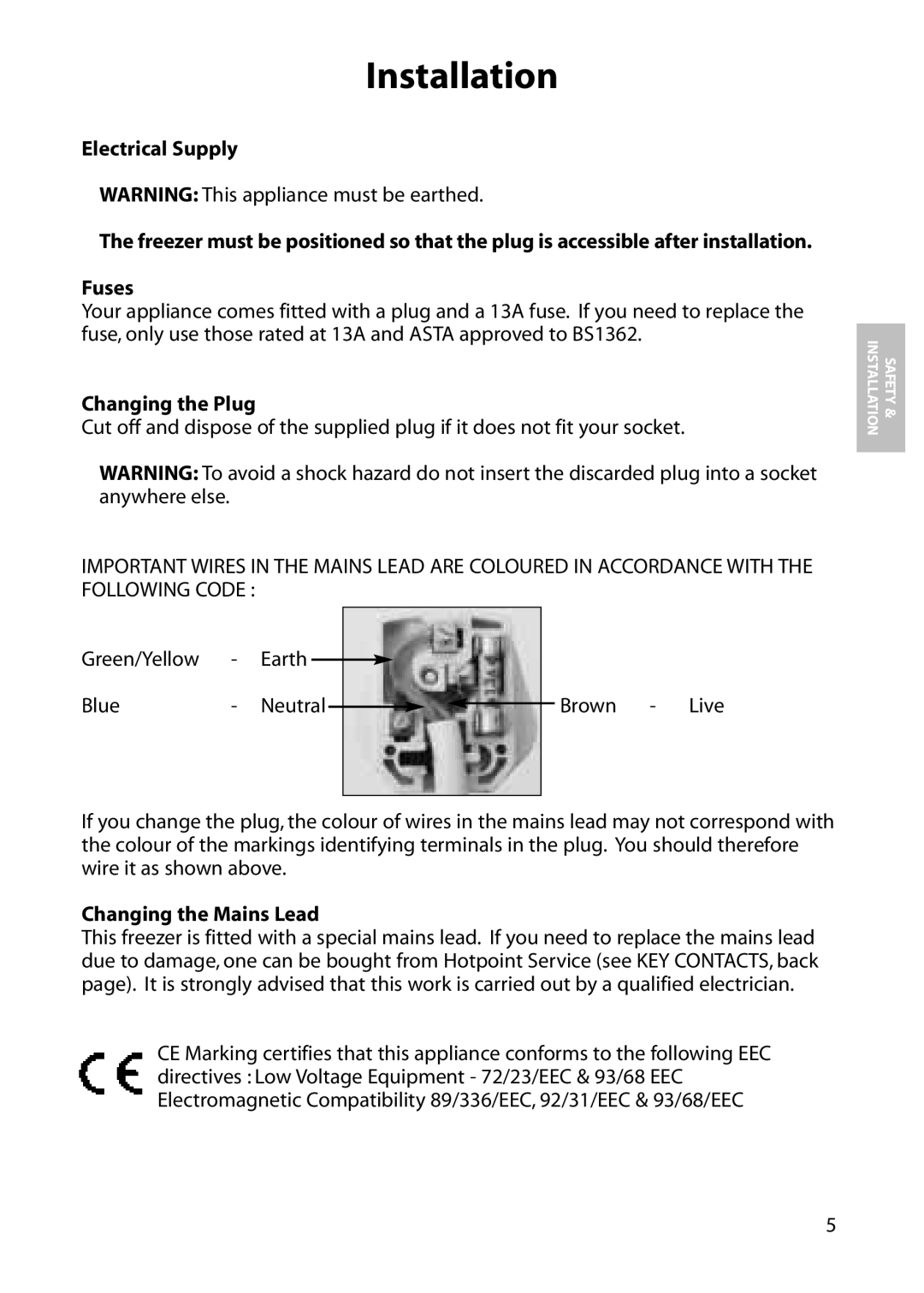 Hotpoint RZA34, RZA36, RZM36, RZM34 manual Electrical Supply, Fuses, Changing the Plug, Changing the Mains Lead 