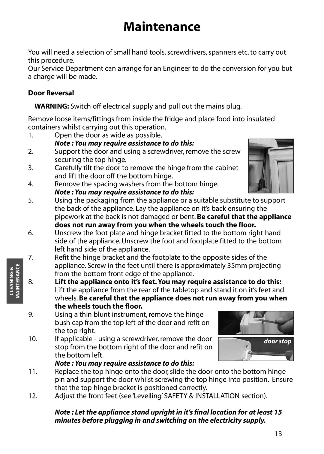 Hotpoint RZA36G.1, RZA36P.1 manual Maintenance, Door Reversal 