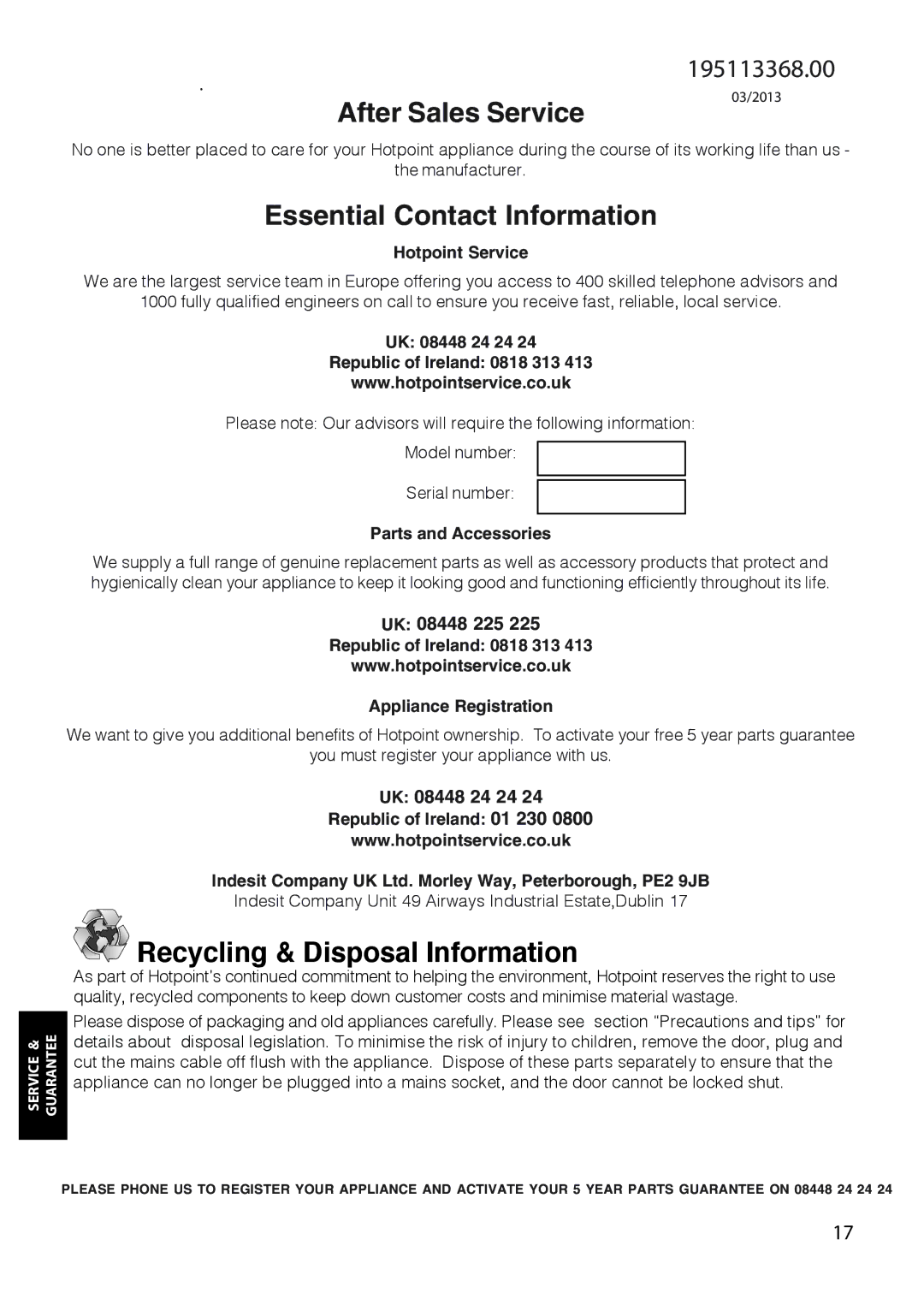 Hotpoint RZA36G.1, RZA36P.1 manual After Sales Service 