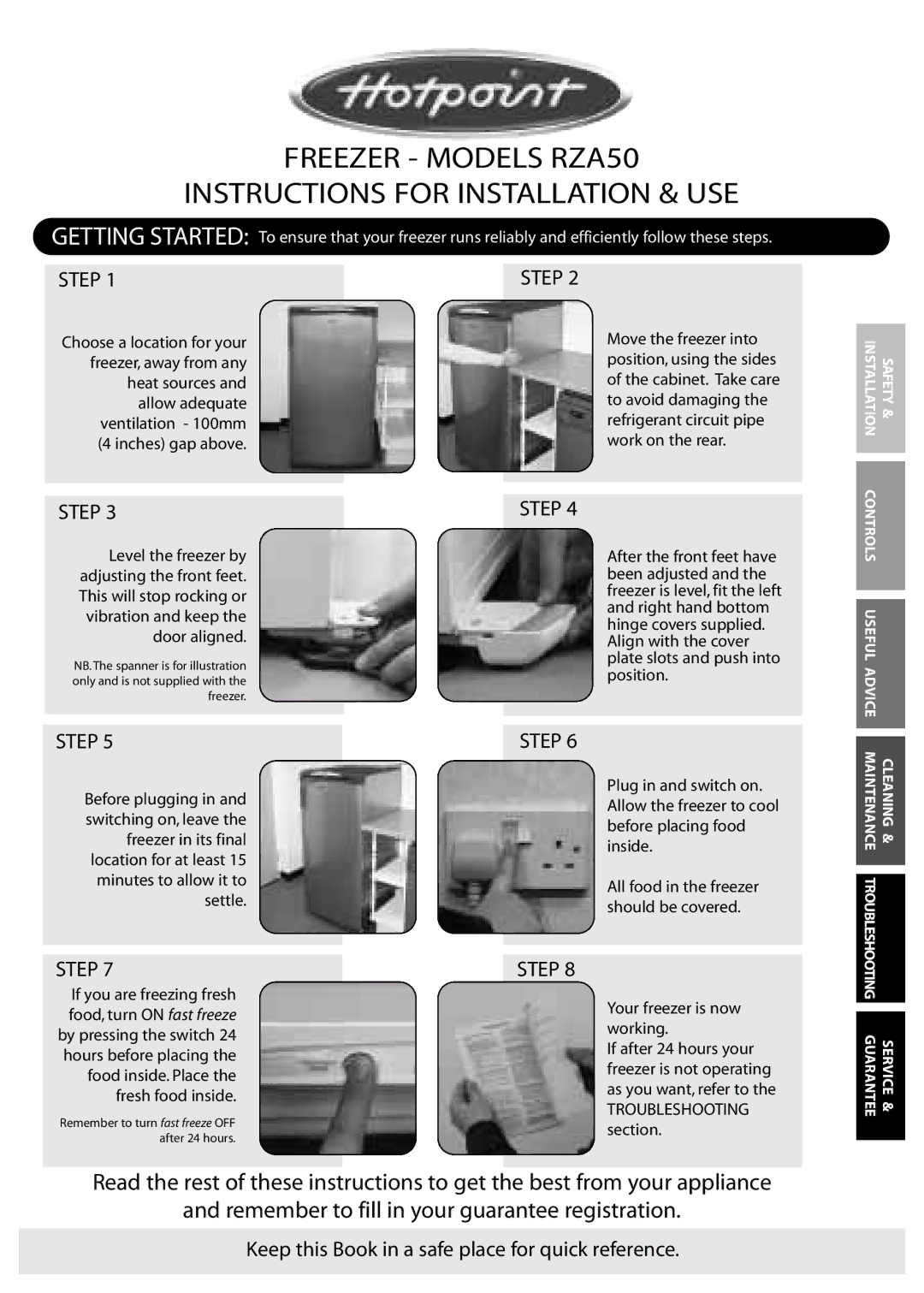 Hotpoint manual Freezer Models RZA50 Instructions for Installation & USE 