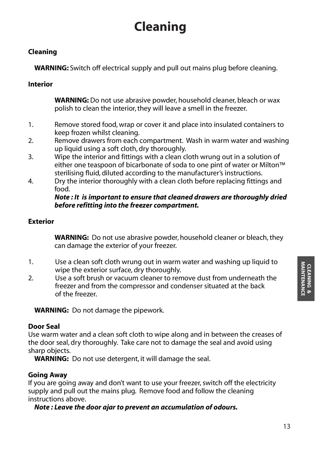 Hotpoint RZA50 manual Cleaning Interior, Exterior, Door Seal, Going Away 