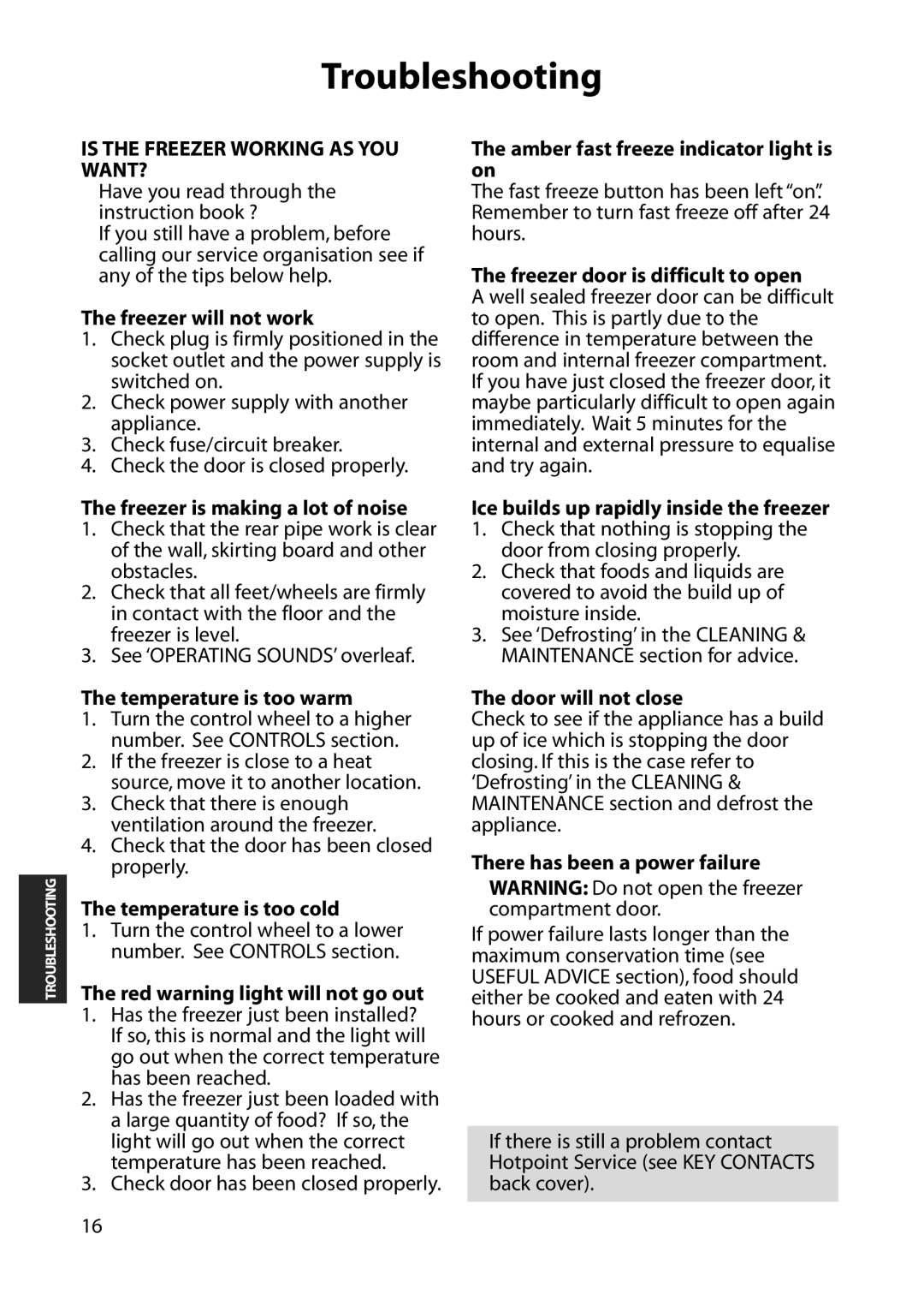 Hotpoint RZA50 manual Troubleshooting 