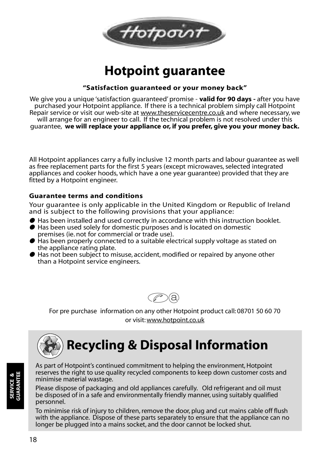 Hotpoint RZA50 manual Hotpoint guarantee, Recycling & Disposal Information 