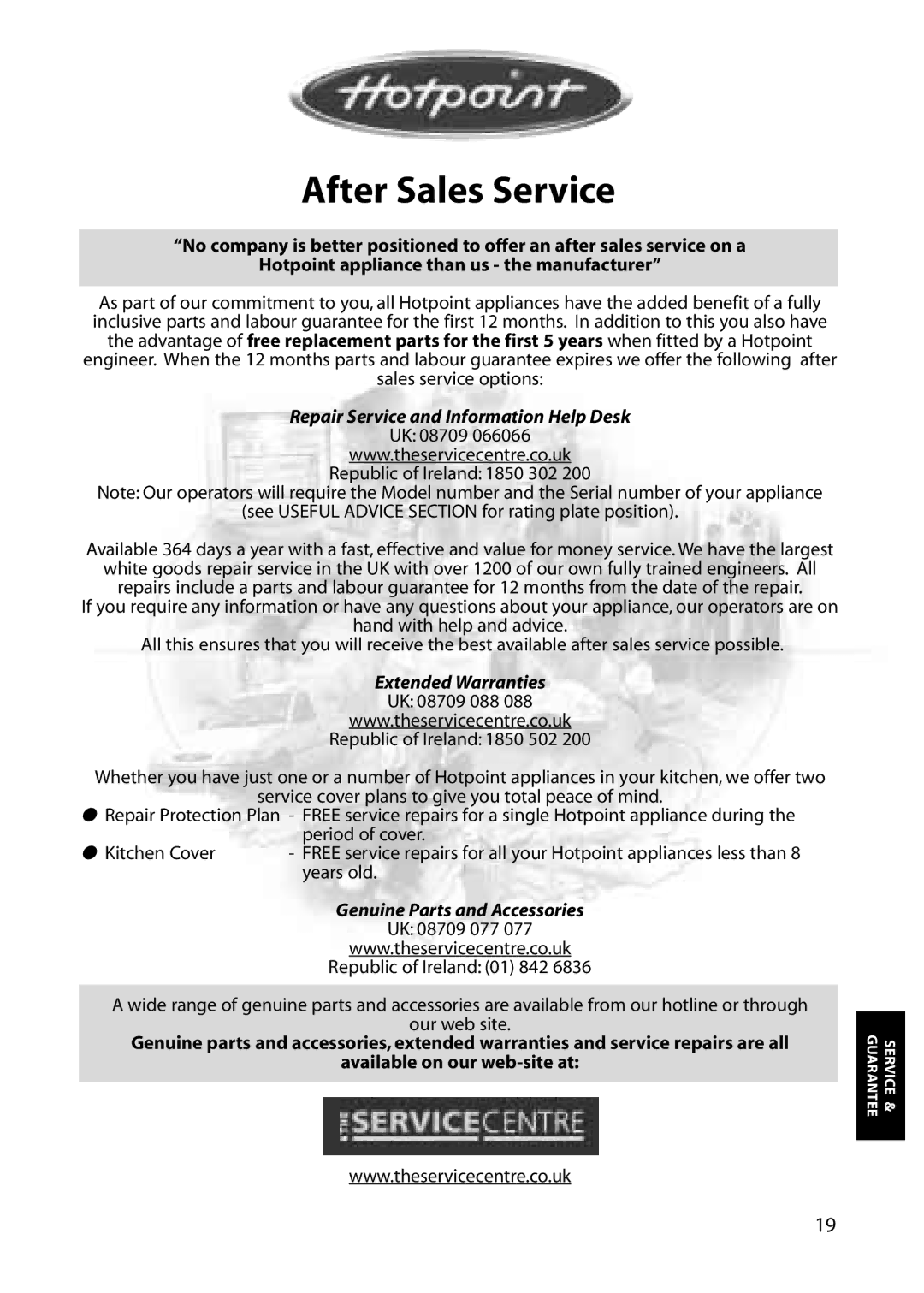 Hotpoint RZA50 manual After Sales Service, Repair Service and Information Help Desk 