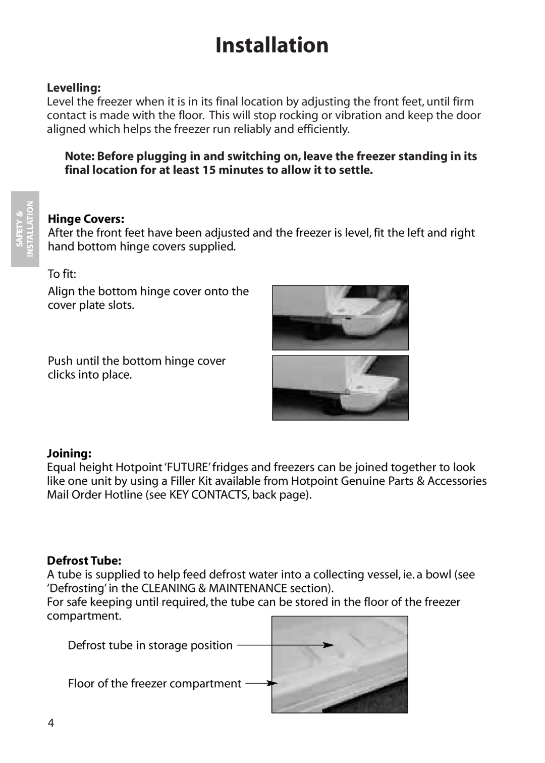 Hotpoint RZA50 manual Levelling, Hinge Covers, Joining, Defrost Tube 