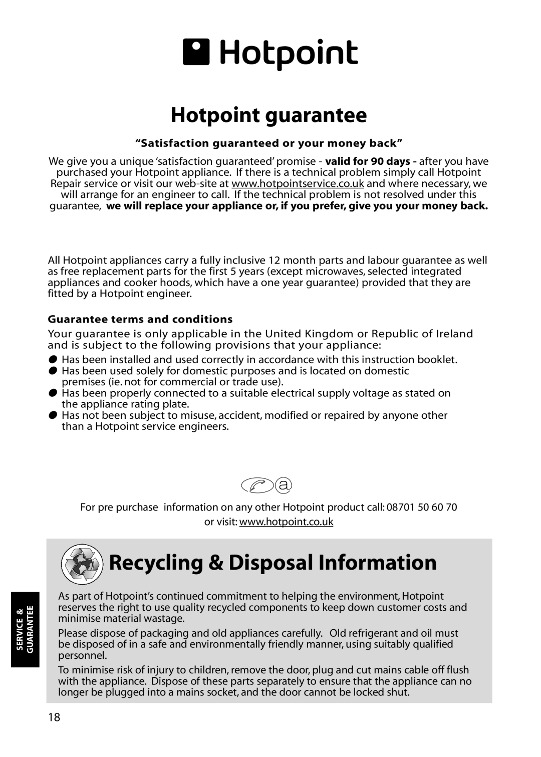 Hotpoint RZA61, RZA51, RZM51, RZM61 manual Hotpoint guarantee, Recycling & Disposal Information 