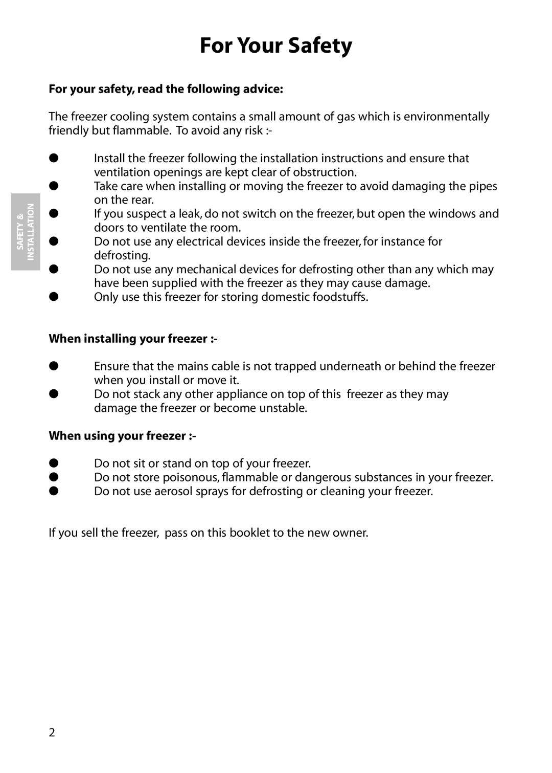 Hotpoint RZA61, RZA51, RZM51 manual For Your Safety, For your safety, read the following advice, When installing your freezer 