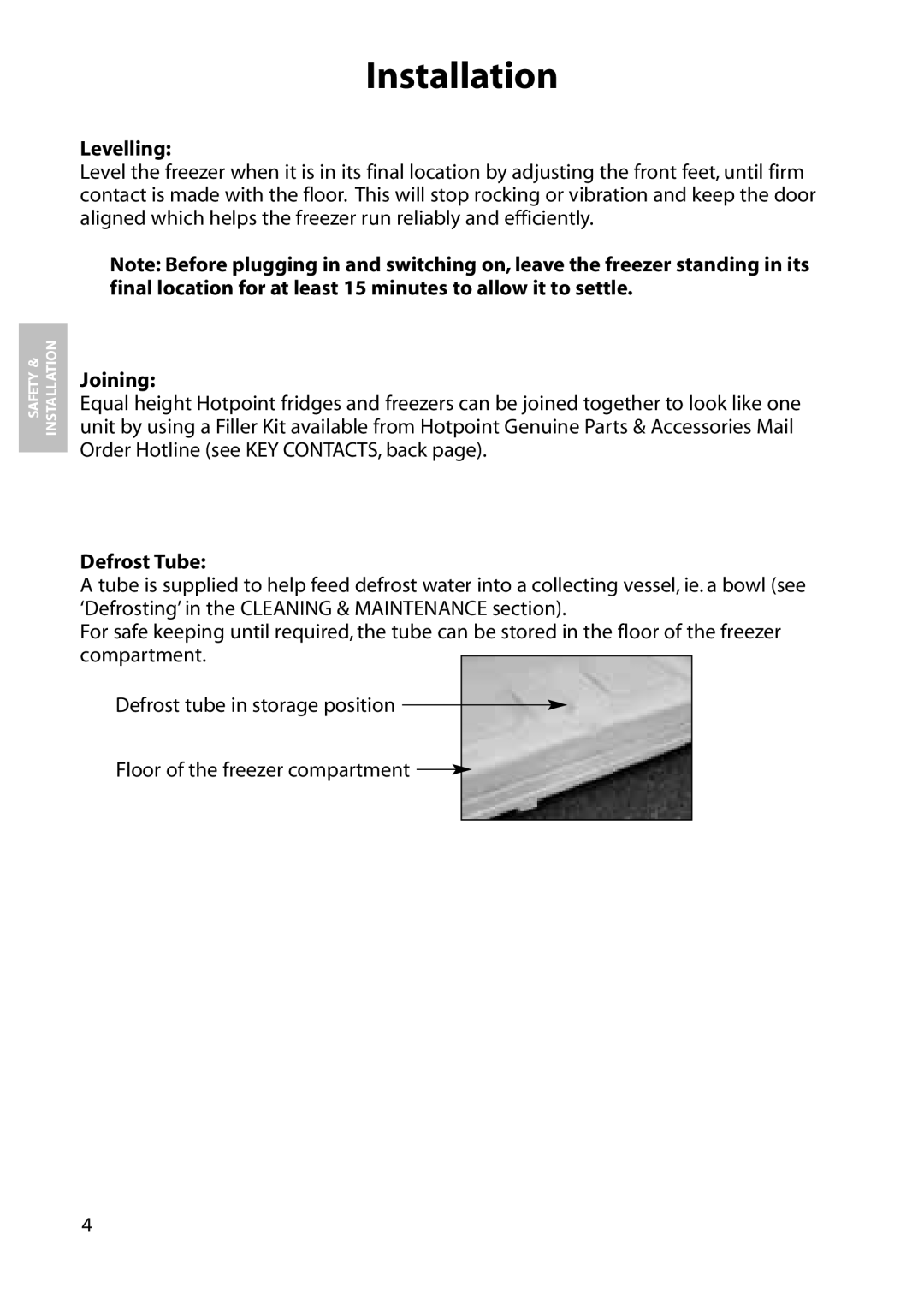 Hotpoint RZA51, RZM51, RZA61, RZM61 manual Levelling, Joining, Defrost Tube 