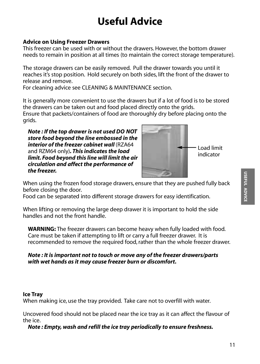 Hotpoint RZM64, RZA64, RZM54, RZA54 manual Advice on Using Freezer Drawers, Ice Tray 