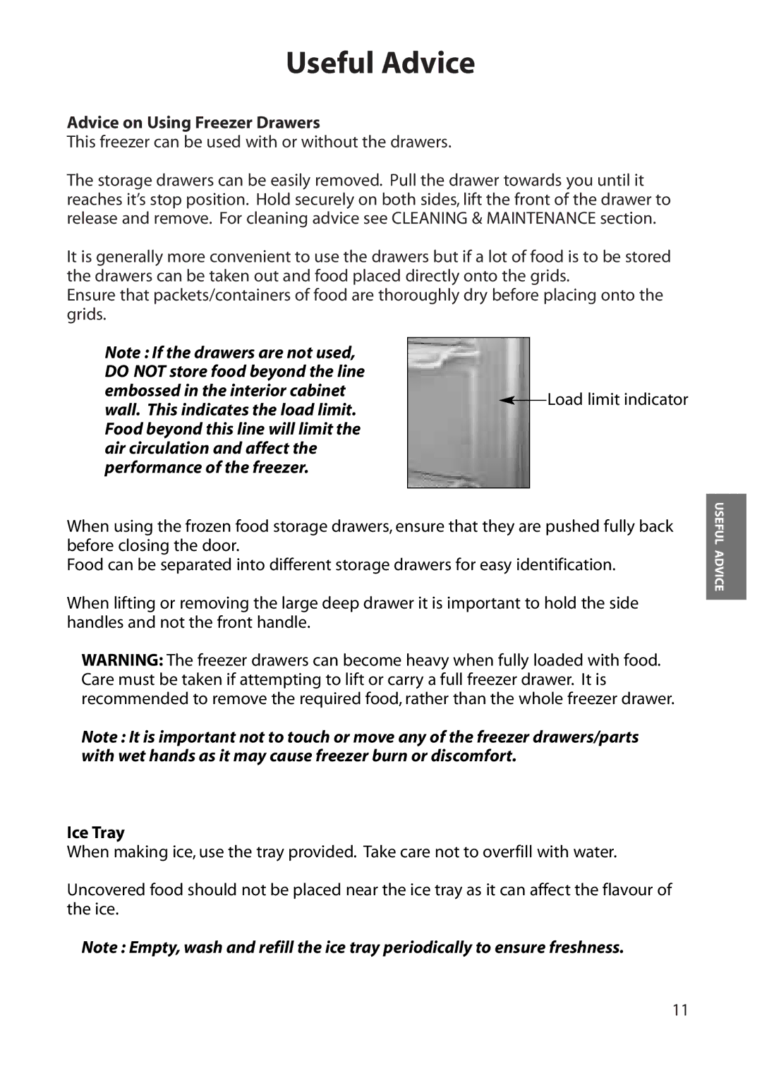 Hotpoint RZM30 manual Advice on Using Freezer Drawers, Ice Tray 