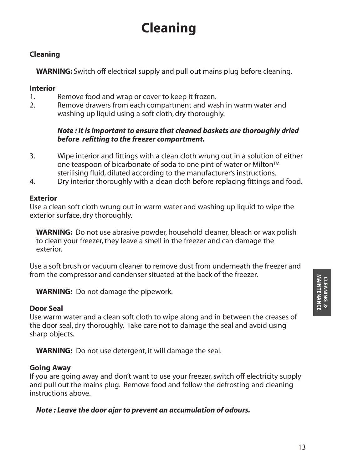 Hotpoint RZM30 manual Cleaning Interior, Exterior, Door Seal, Going Away 