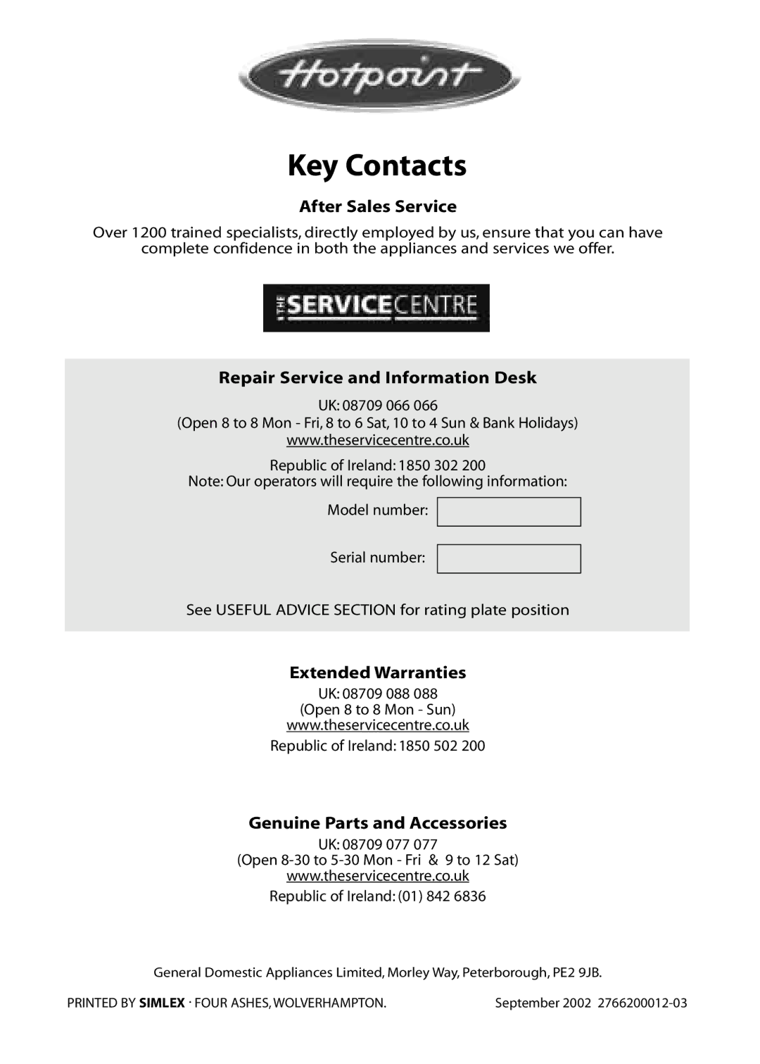 Hotpoint RZM30 manual Key Contacts, After Sales Service, Repair Service and Information Desk, Extended Warranties 