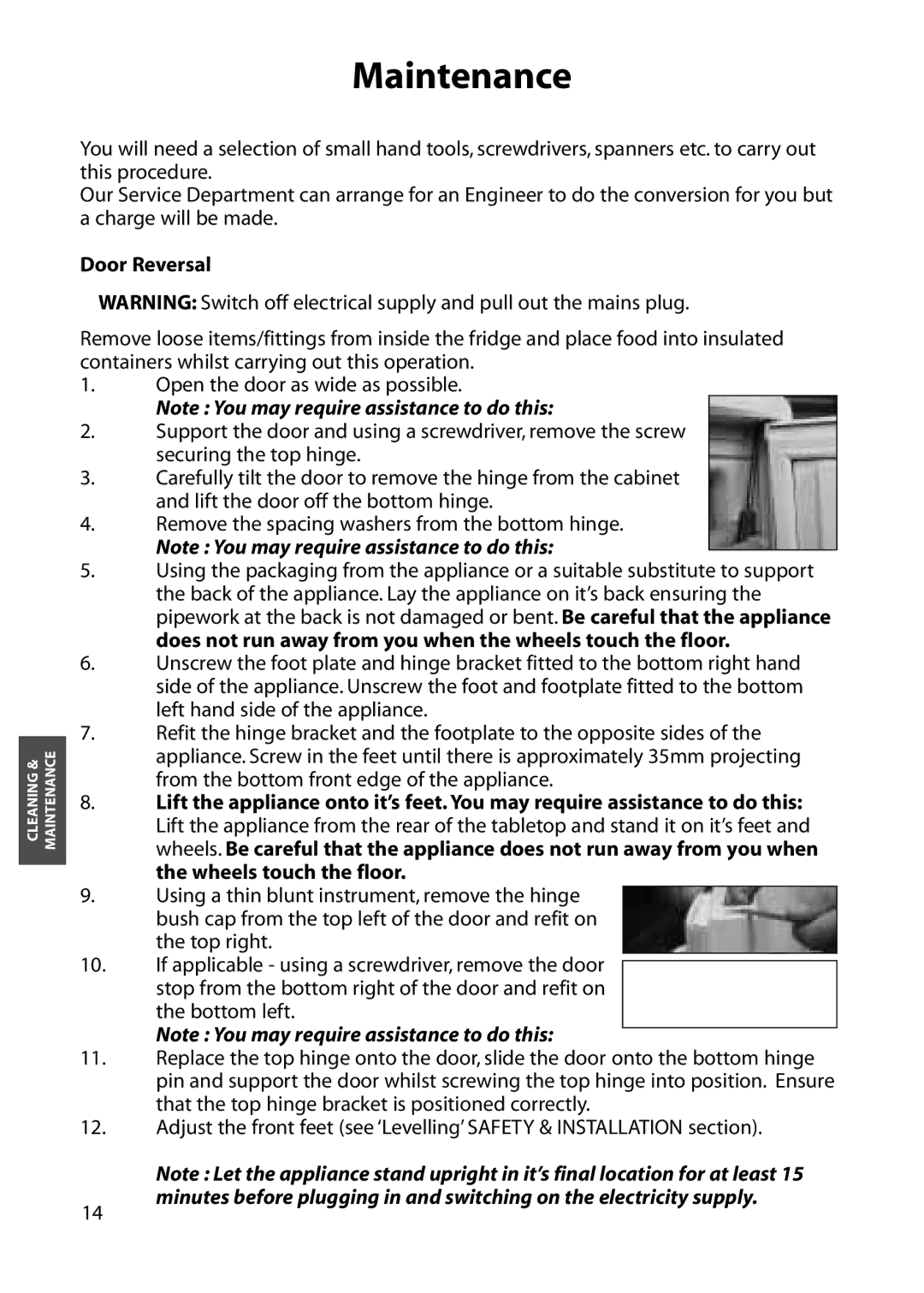 Hotpoint RZA31, RZM33, RZA33, RZM31 manual Maintenance, Door Reversal 