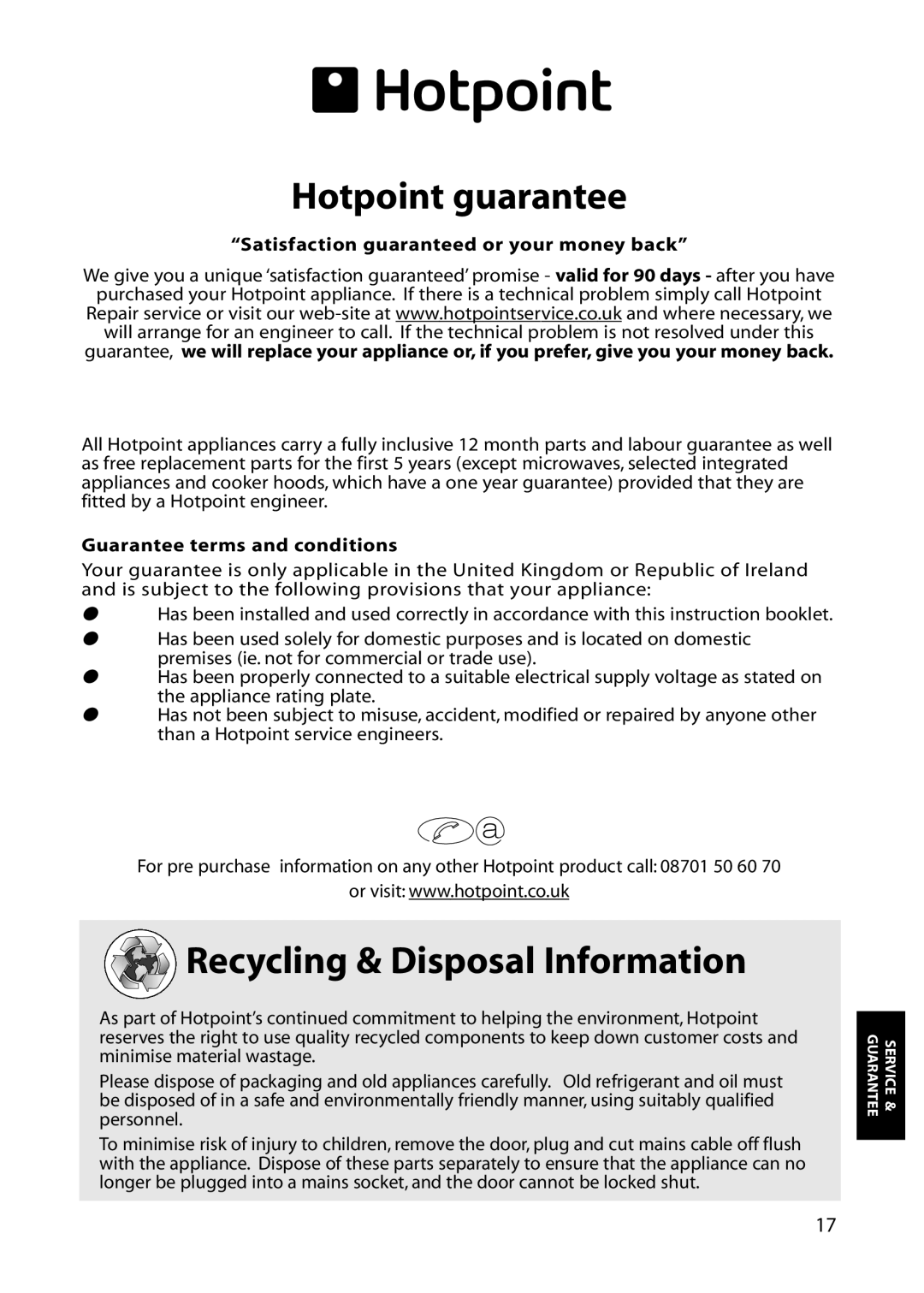 Hotpoint RZA33, RZM33, RZA31, RZM31 manual Hotpoint guarantee, Recycling & Disposal Information 