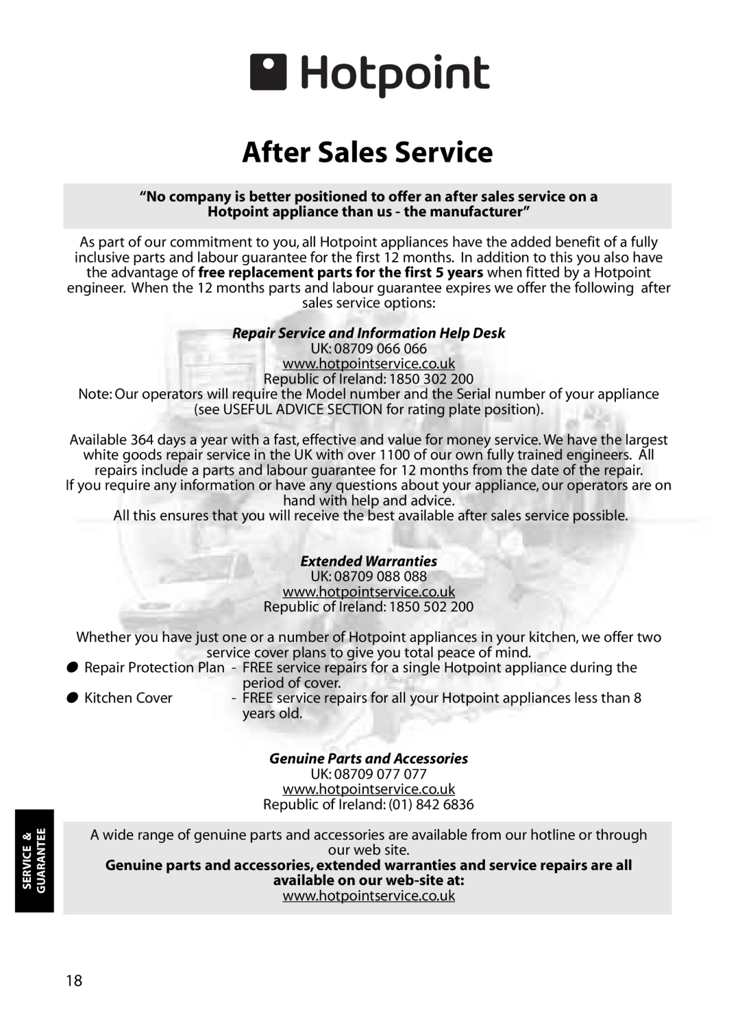 Hotpoint RZA31, RZM33, RZA33, RZM31 manual After Sales Service, Repair Service and Information Help Desk 