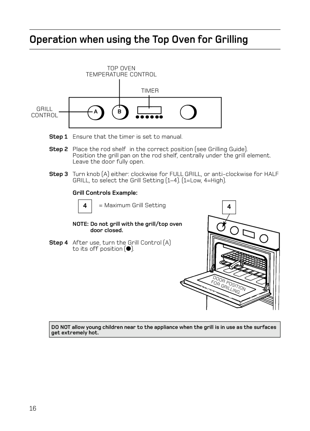 Hotpoint S130E Mk2 manual Operation when using the Top Oven for Grilling, Grill Controls Example 