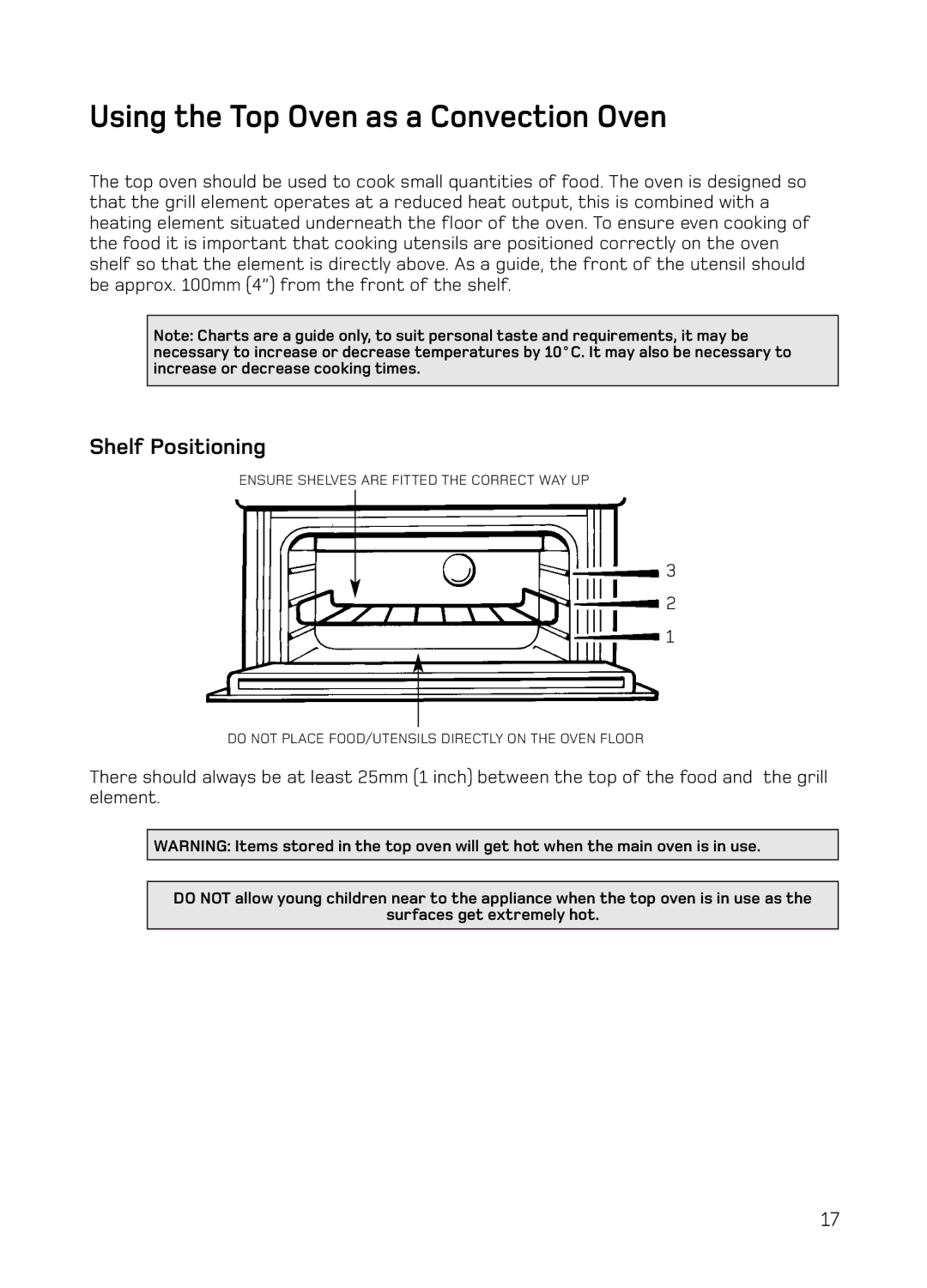 Hotpoint S130E Mk2 manual Using the Top Oven as a Convection Oven, Shelf Positioning 