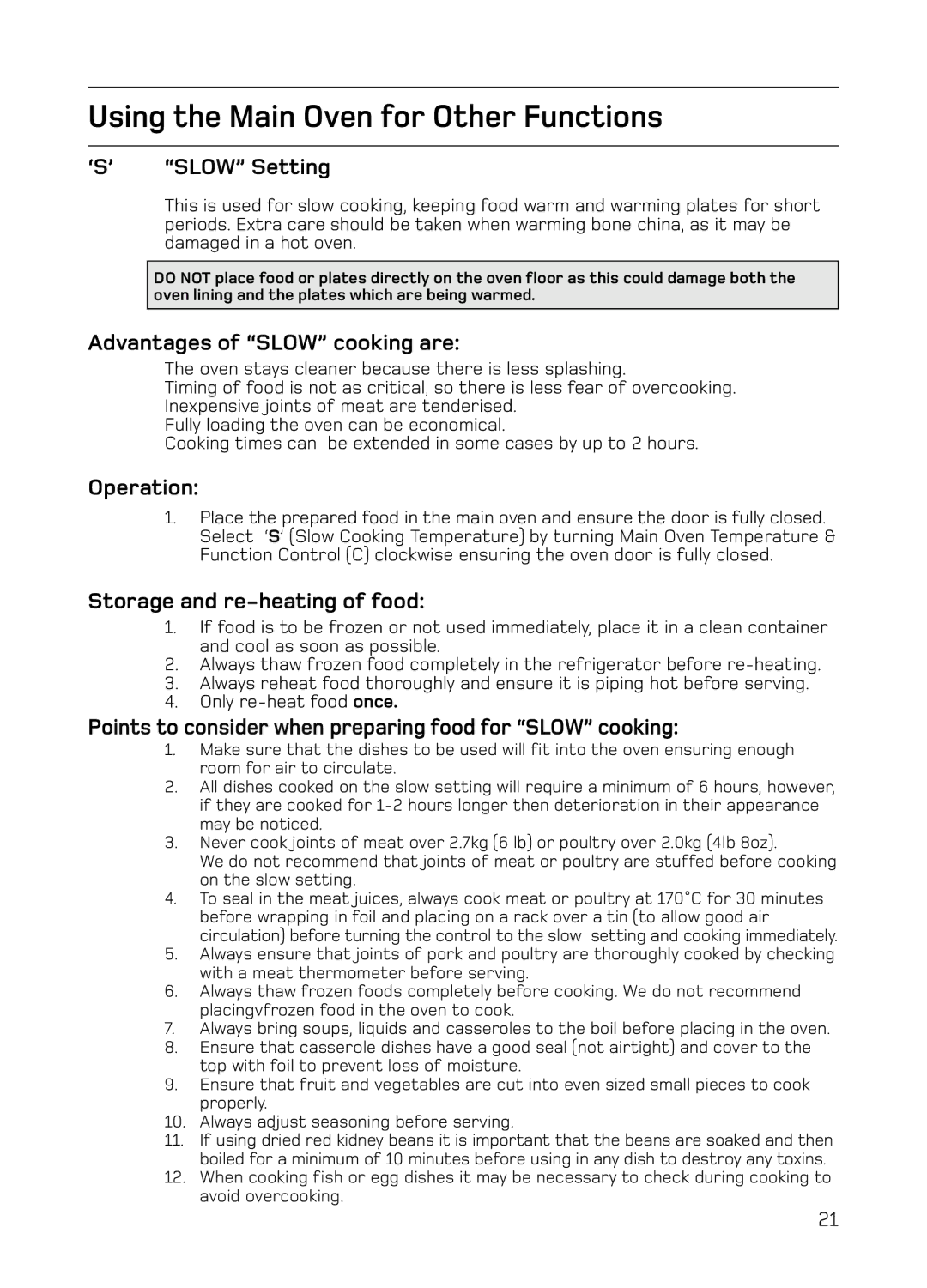 Hotpoint S130E Mk2 manual ‘S’ Slow Setting, Advantages of Slow cooking are, Operation, Storage and re-heating of food 