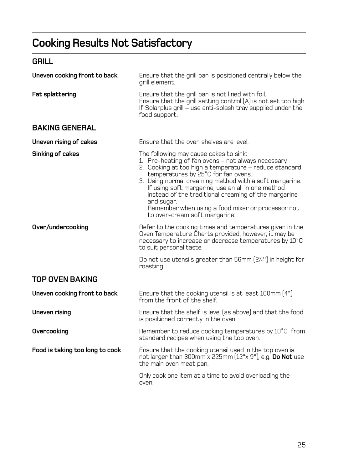 Hotpoint S130E Mk2 manual Cooking Results Not Satisfactory, Grill, Baking General, TOP Oven Baking 