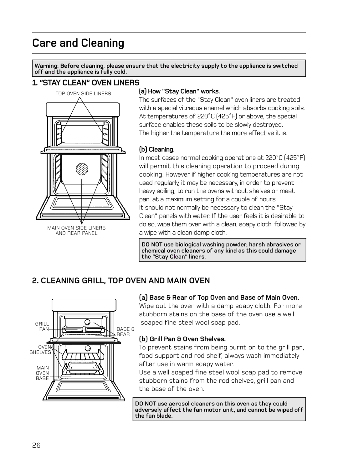 Hotpoint S130E Mk2 manual Care and Cleaning, Stay Clean Oven Liners, Cleaning GRILL, TOP Oven and Main Oven 