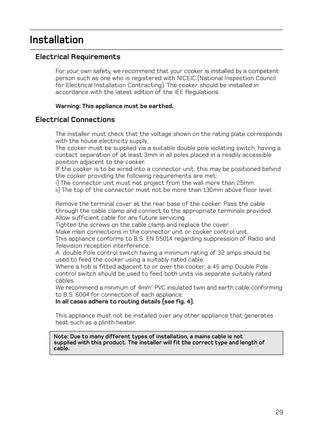 Hotpoint S130E Mk2 manual Installation, Electrical Requirements, Electrical Connections 