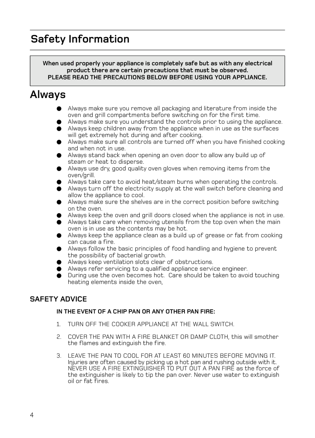 Hotpoint S130E Mk2 manual Safety Information, Always, Safety Advice 