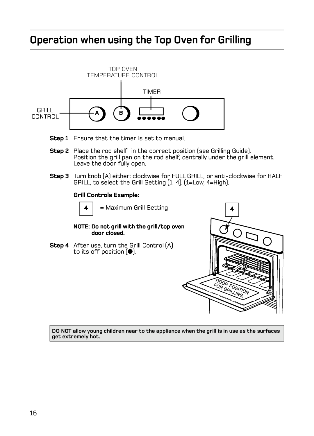 Hotpoint S130E Mk2 manual Operation when using the Top Oven for Grilling, Step, Grill Controls Example 