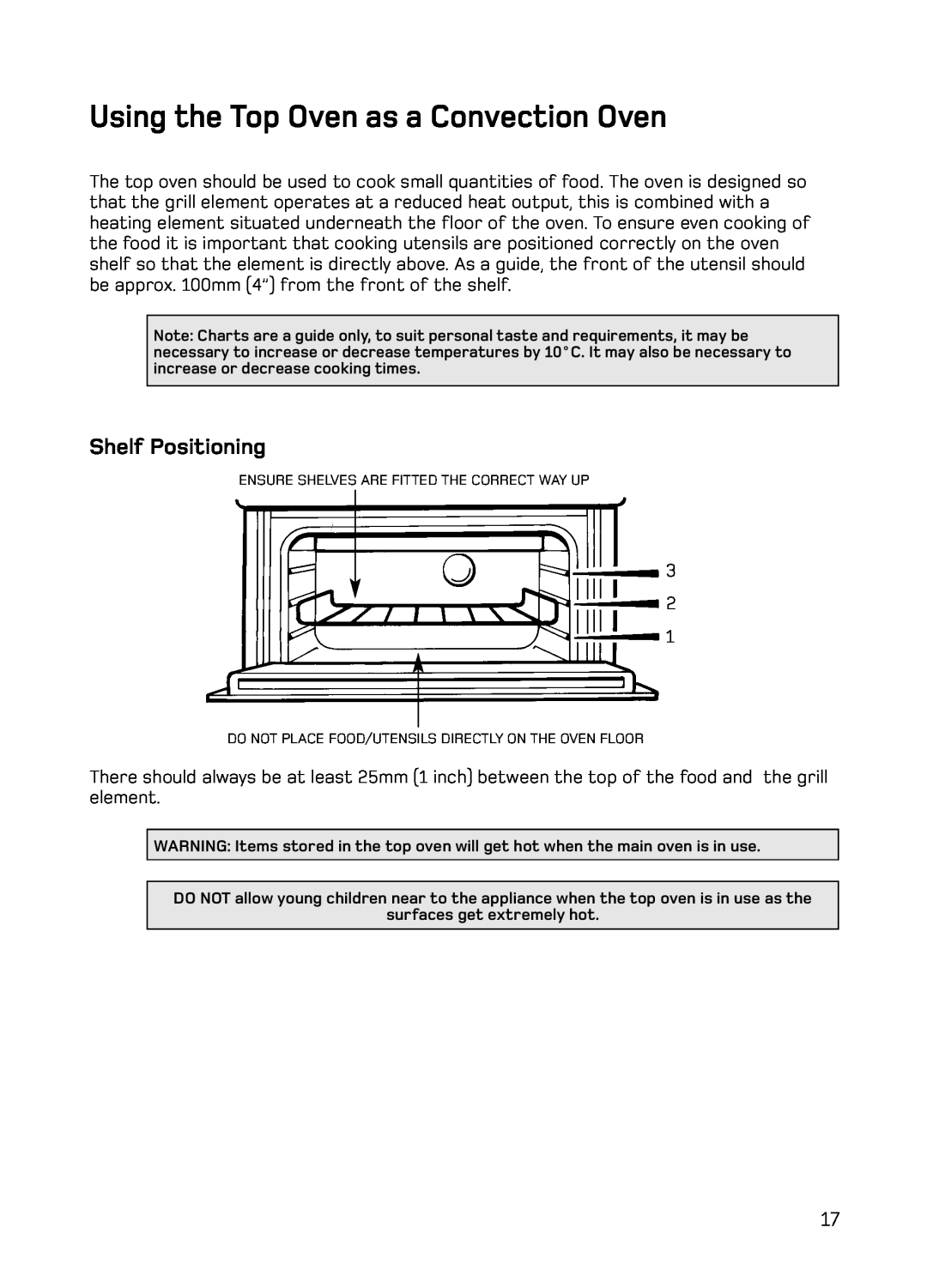 Hotpoint S130E Mk2 manual Using the Top Oven as a Convection Oven, Shelf Positioning 
