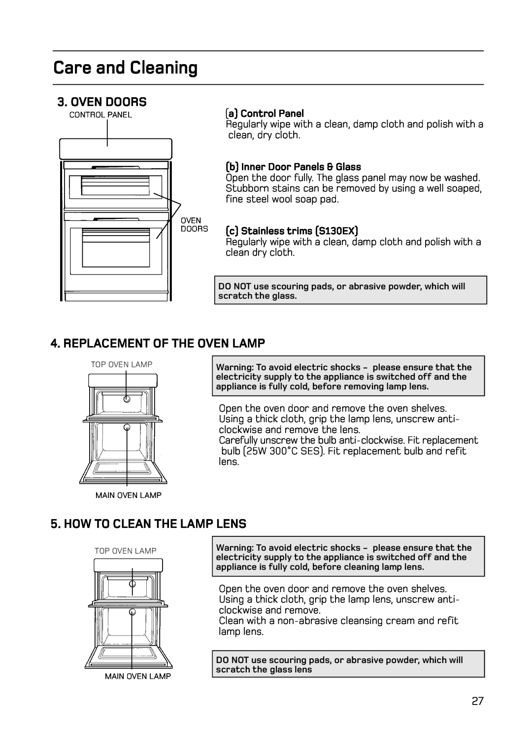 Hotpoint S130E Mk2 manual Oven Doors, Replacement Of The Oven Lamp, How To Clean The Lamp Lens, Care and Cleaning 