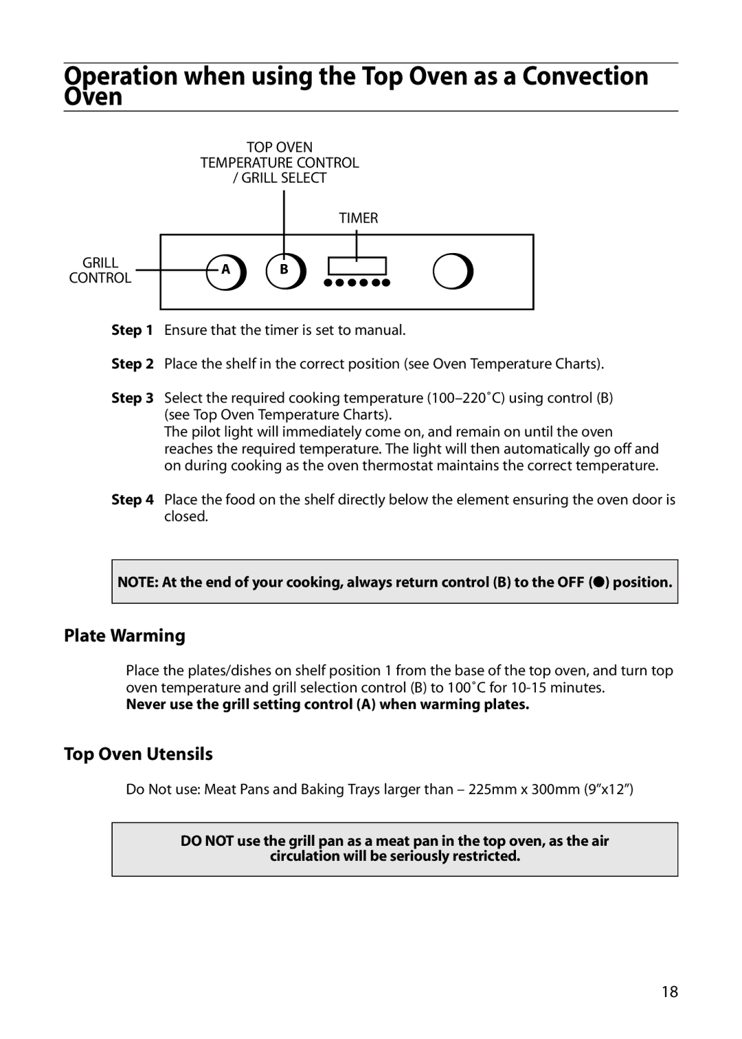 Hotpoint S130E manual Operation when using the Top Oven as a Convection Oven, Plate Warming, Top Oven Utensils 