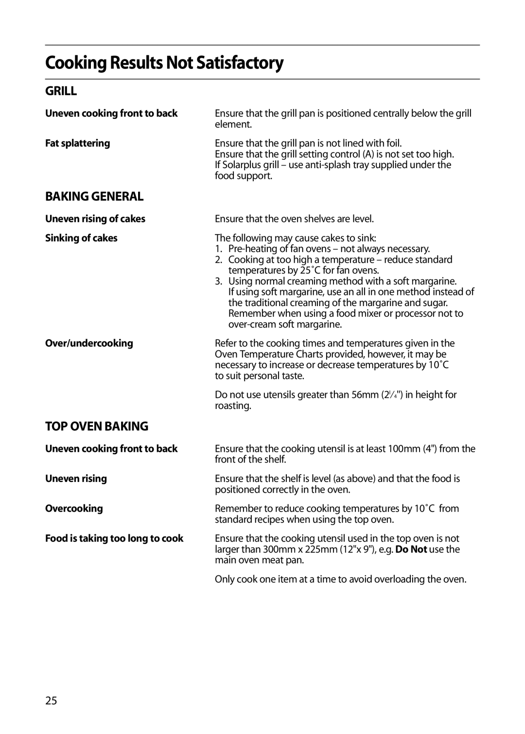 Hotpoint S130E manual Cooking Results Not Satisfactory, Grill, Baking General, TOP Oven Baking 