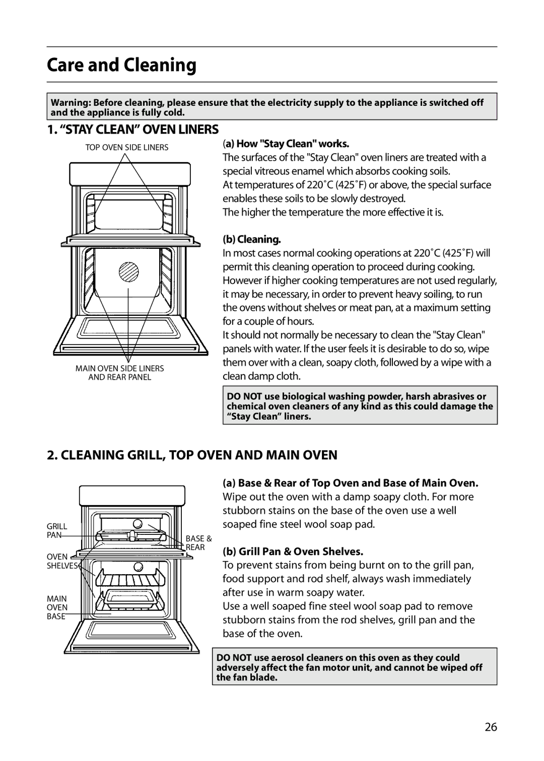 Hotpoint S130E manual Care and Cleaning, Cleaning GRILL, TOP Oven and Main Oven, How Stay Clean works 