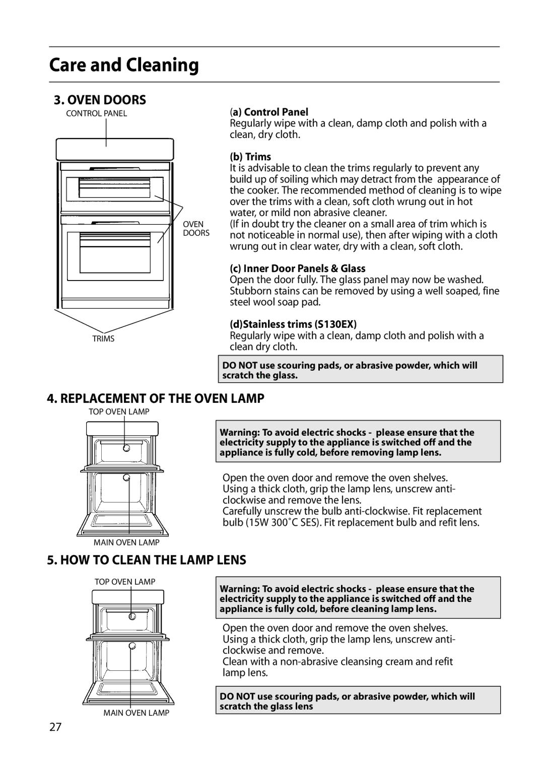 Hotpoint S130E manual Oven Doors, Replacement of the Oven Lamp, HOW to Clean the Lamp Lens 