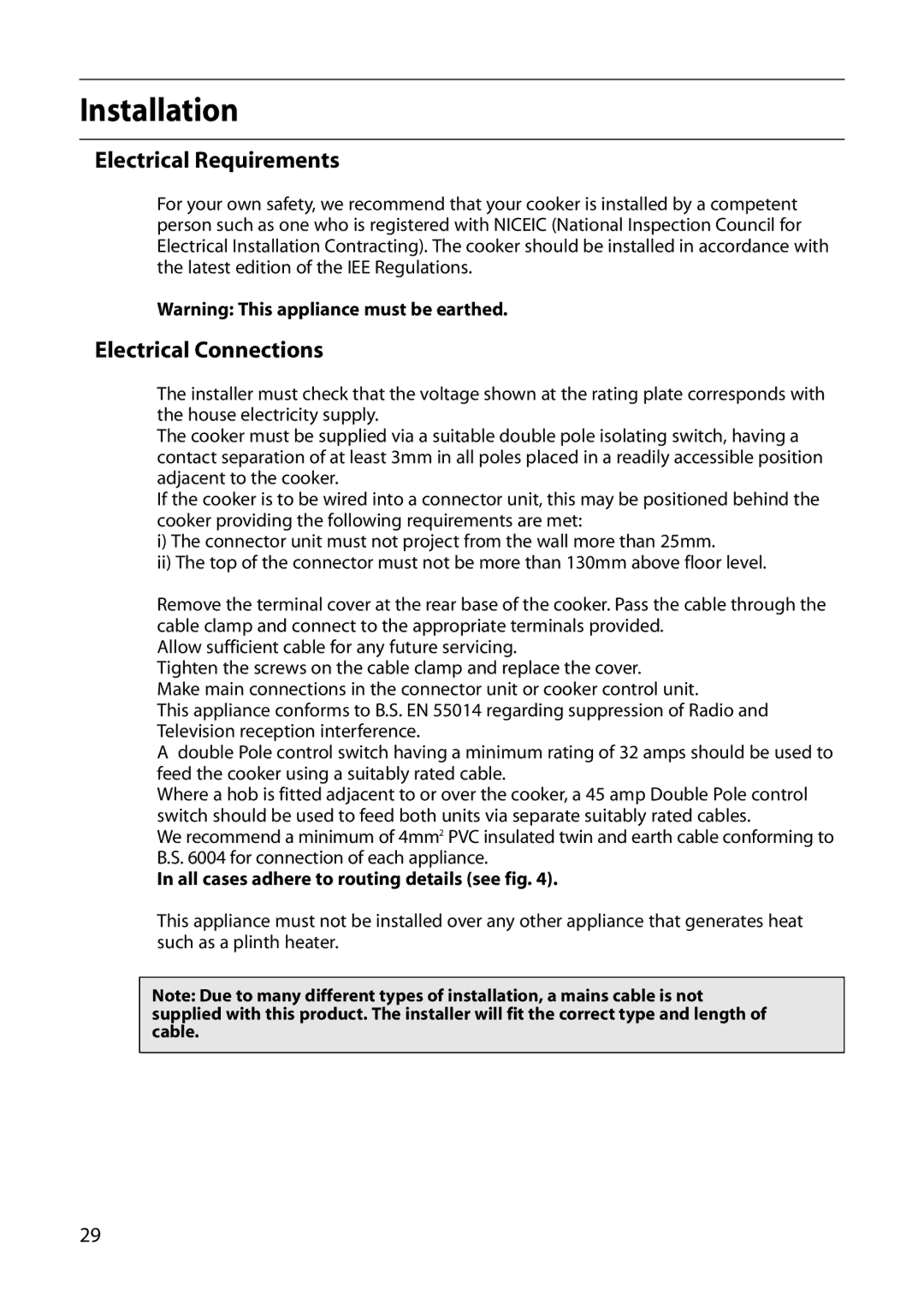 Hotpoint S130E Installation, Electrical Requirements, Electrical Connections, All cases adhere to routing details see fig 