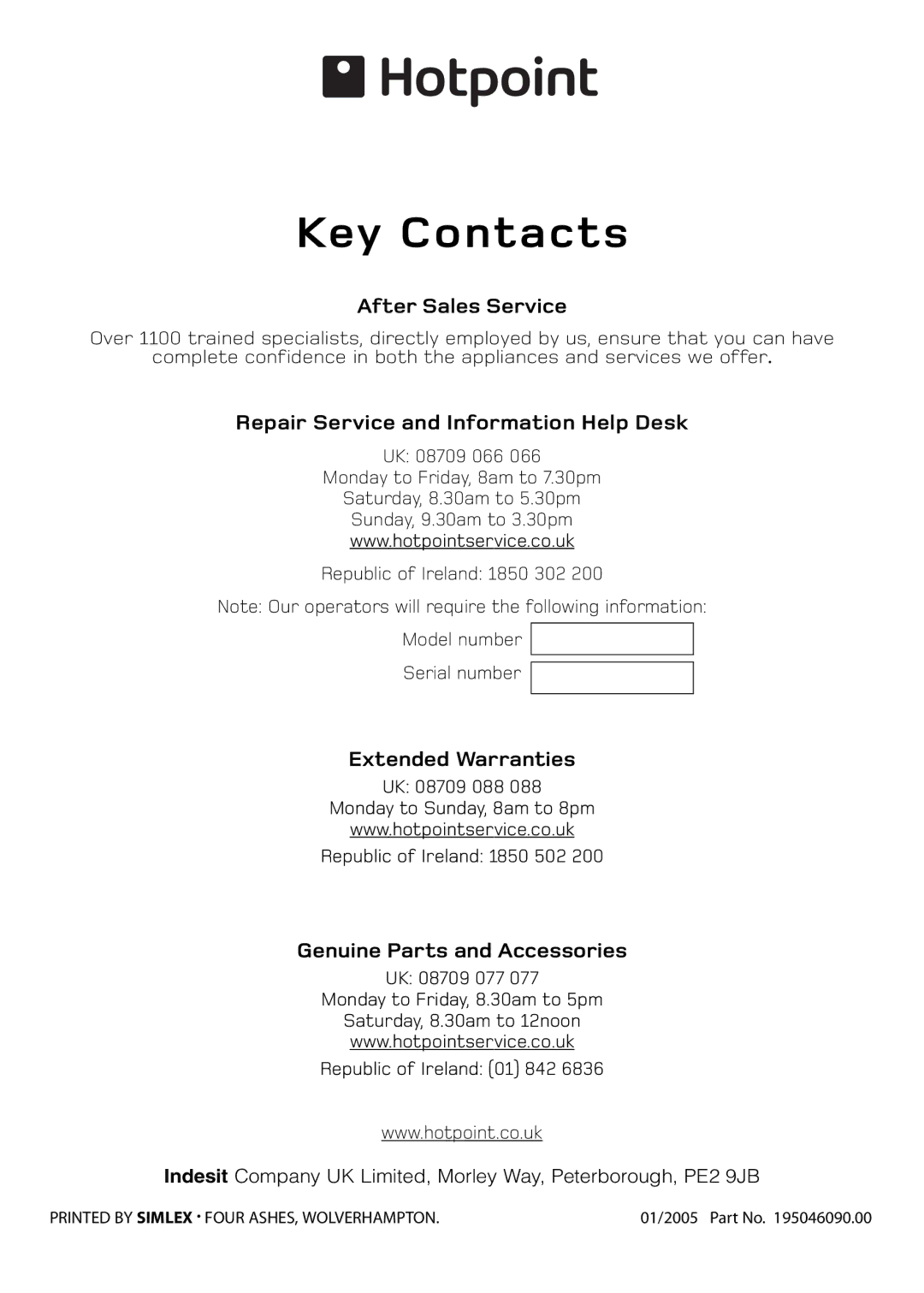 Hotpoint S130E manual Key Contacts 