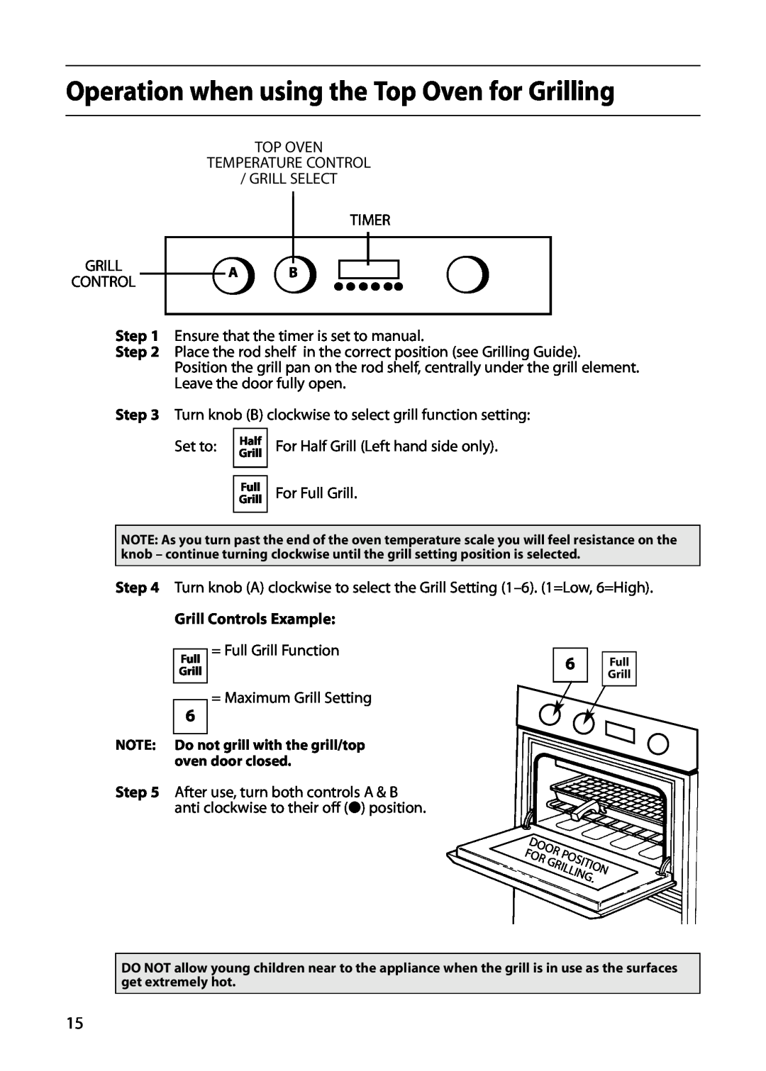 Hotpoint S130E manual Operation when using the Top Oven for Grilling, Grill Controls Example 