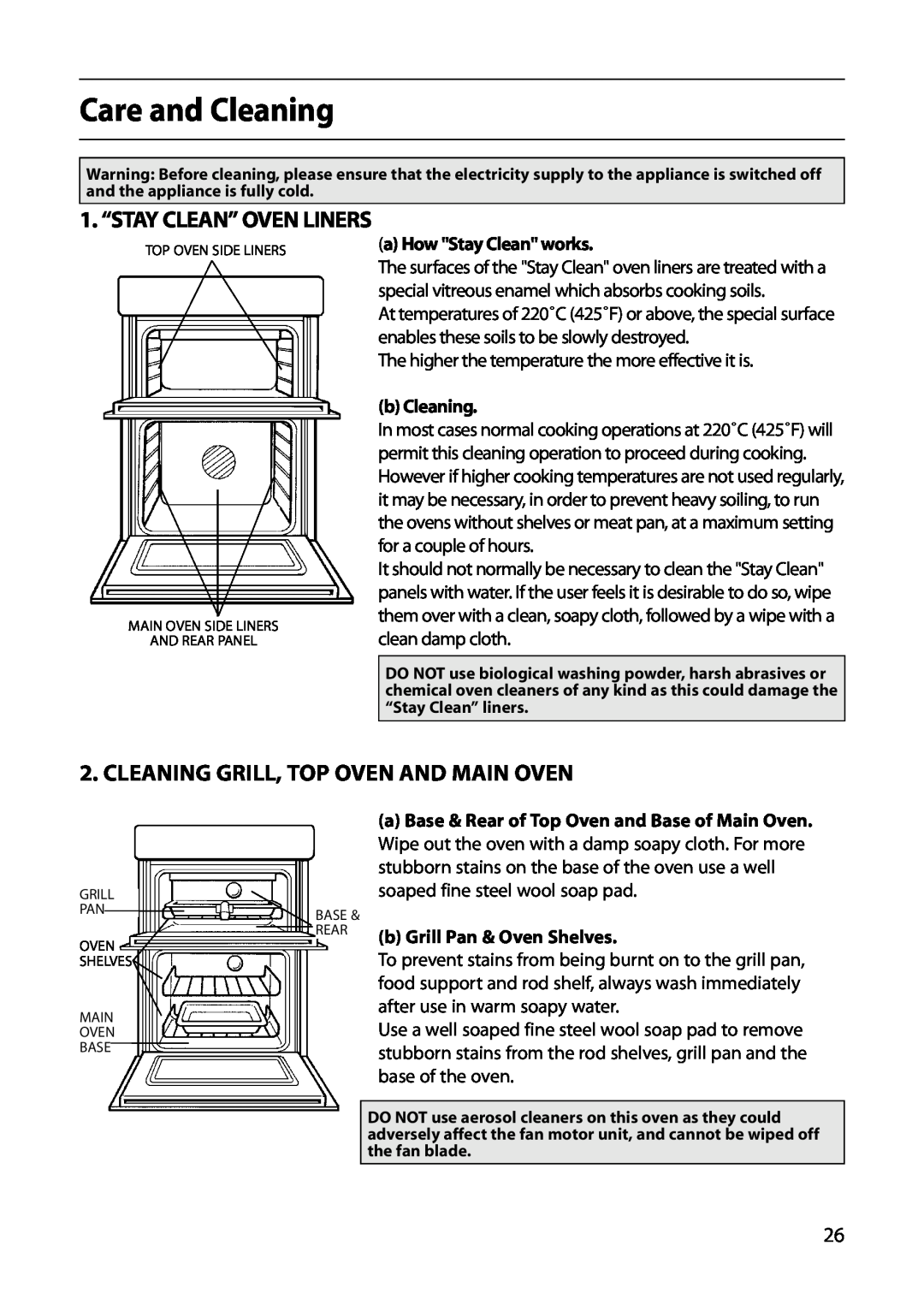 Hotpoint S130E manual Care and Cleaning, Cleaning Grill, Top Oven And Main Oven, 1. “STAY CLEAN” OVEN LINERS, b Cleaning 