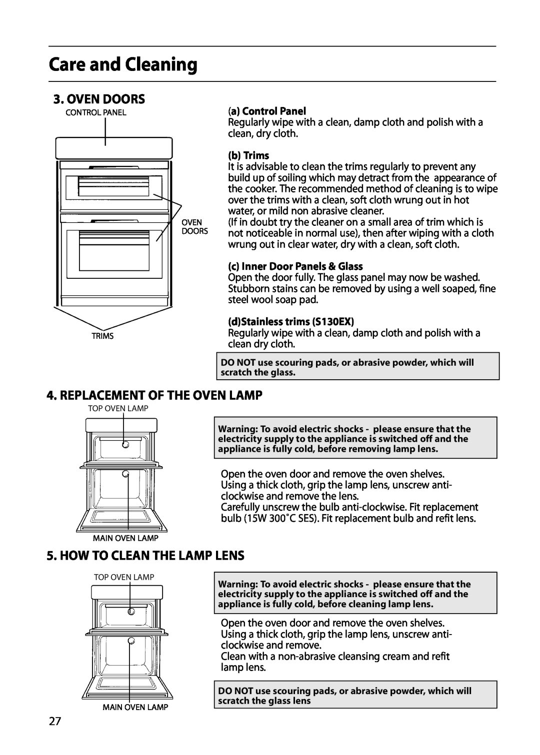 Hotpoint S130E Care and Cleaning, Oven Doors, Replacement Of The Oven Lamp, How To Clean The Lamp Lens, a Control Panel 