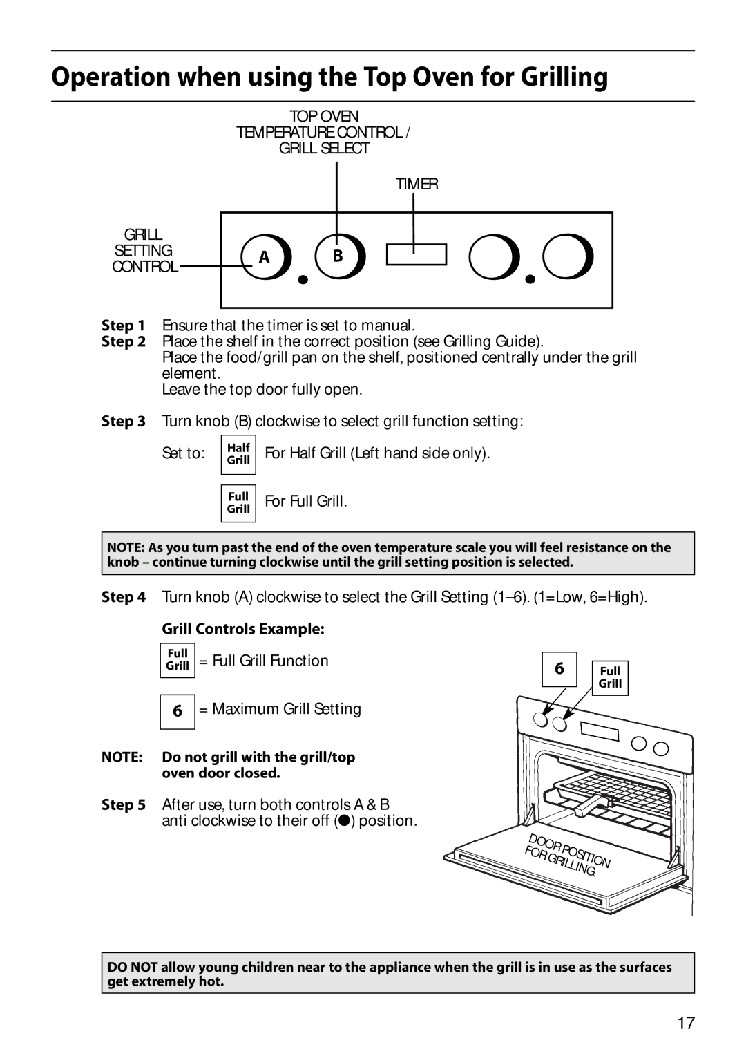 Hotpoint S150E manual Operation when using the Top Oven for Grilling, Grill Controls Example 