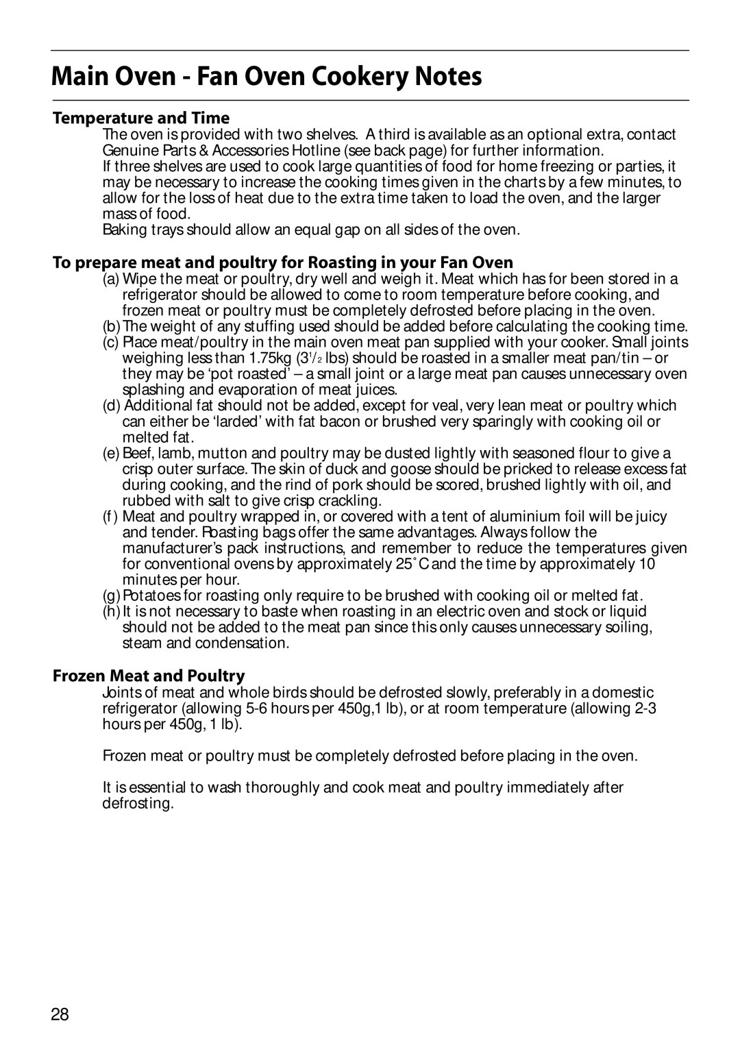 Hotpoint S150E Temperature and Time, To prepare meat and poultry for Roasting in your Fan Oven, Frozen Meat and Poultry 