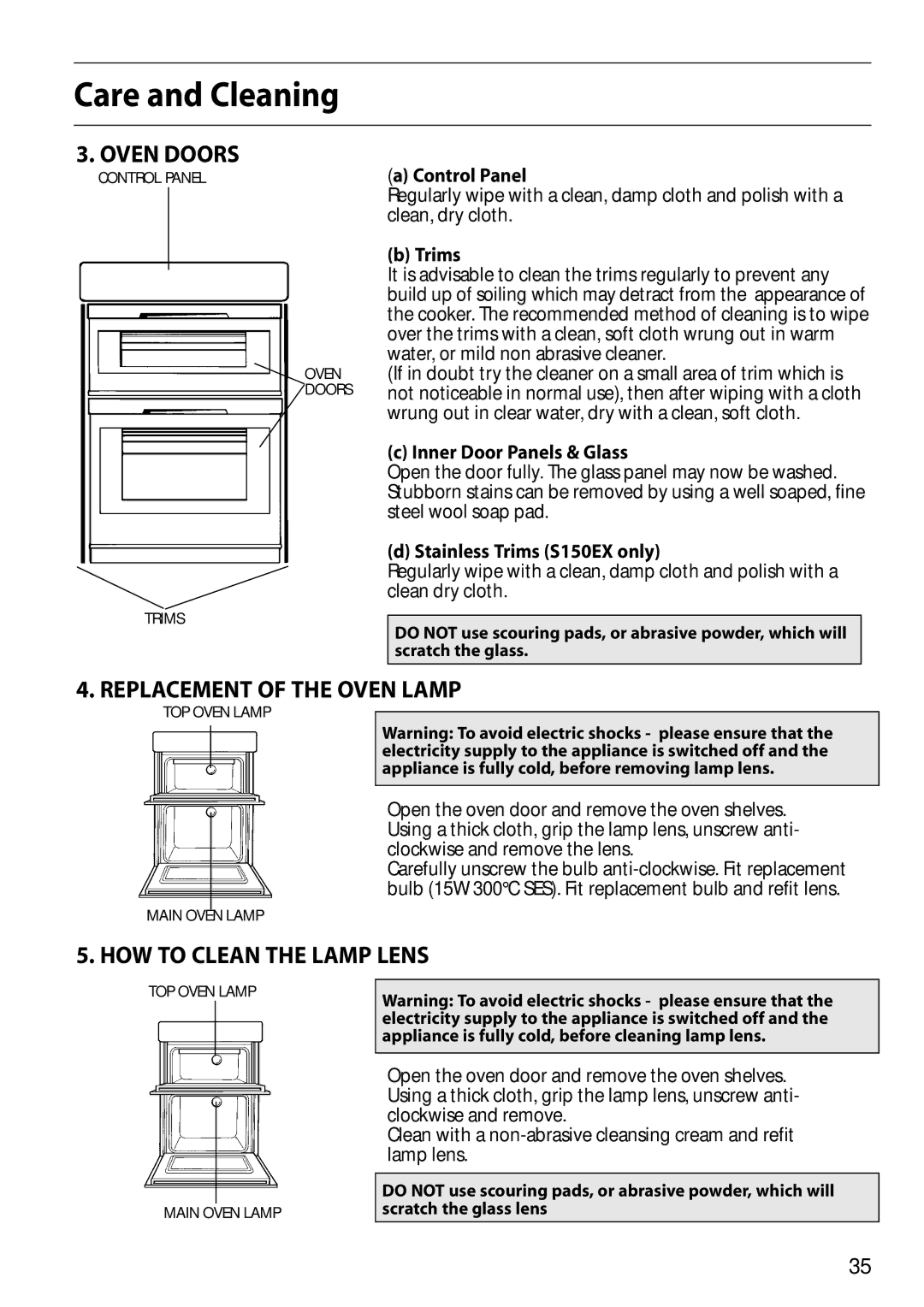 Hotpoint S150E manual Oven Doors, Replacement of the Oven Lamp, HOW to Clean the Lamp Lens 