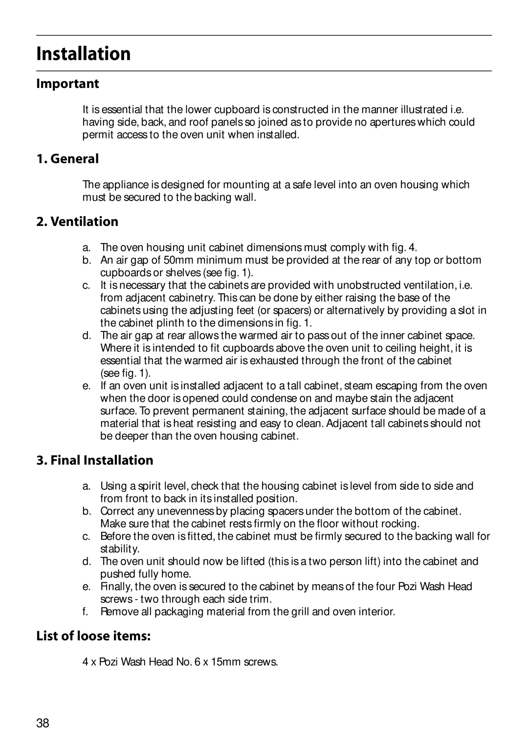 Hotpoint S150E manual List of loose items 