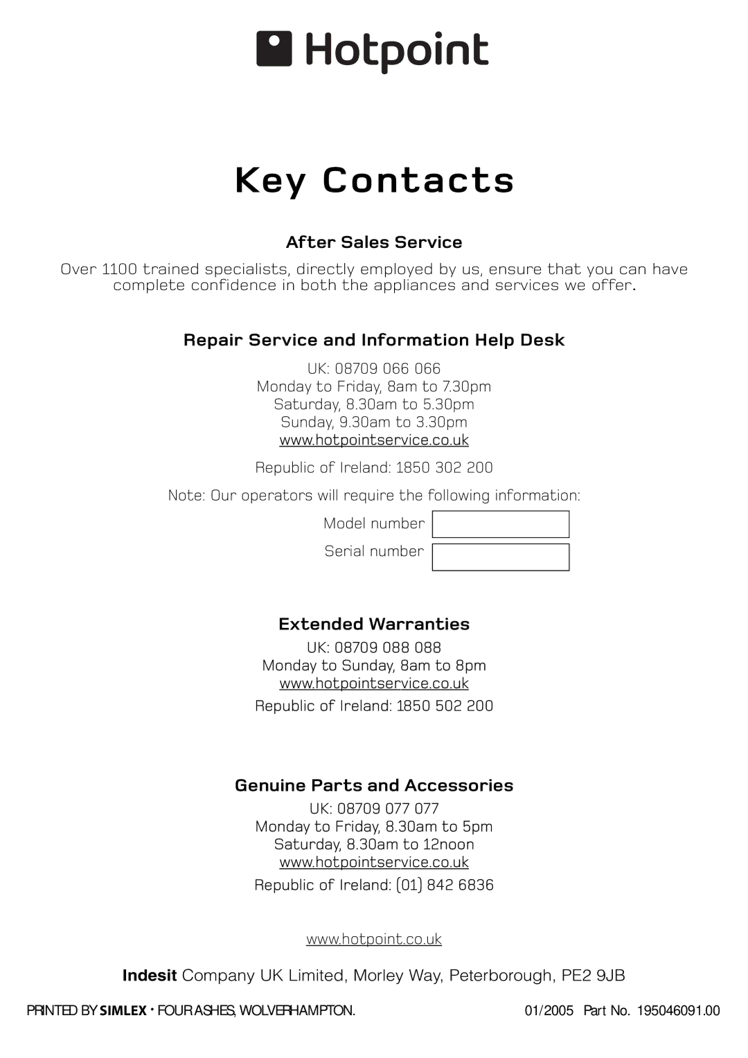 Hotpoint S150E manual After Sales Service, Repair Service and Information Help Desk, Extended Warranties 