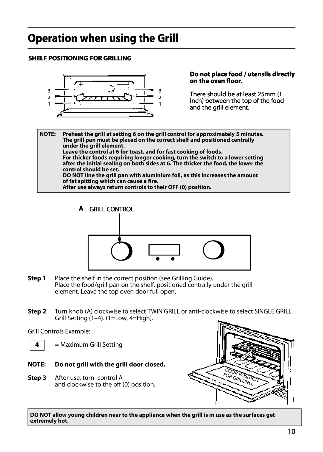 Hotpoint S220E manual Operation when using the Grill, Shelf Positioning For Grilling, Step, After use, turn control A 