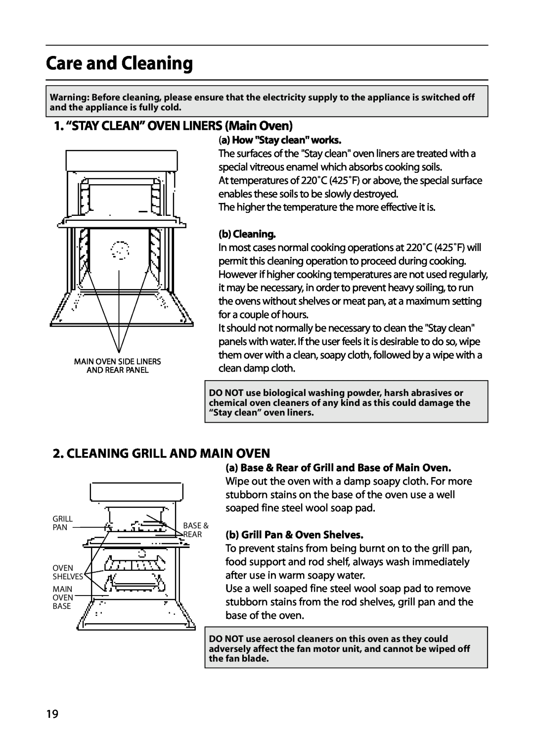 Hotpoint S220E manual Care and Cleaning, 1. “STAY CLEAN” OVEN LINERS Main Oven, Cleaning Grill And Main Oven, b Cleaning 