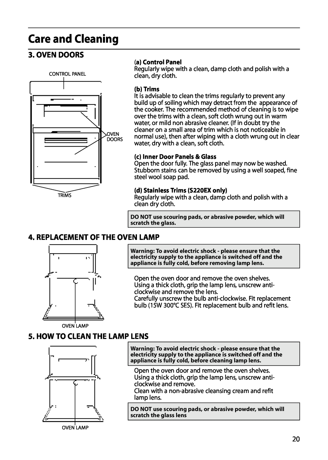 Hotpoint S220E Care and Cleaning, Oven Doors, Replacement Of The Oven Lamp, How To Clean The Lamp Lens, a Control Panel 