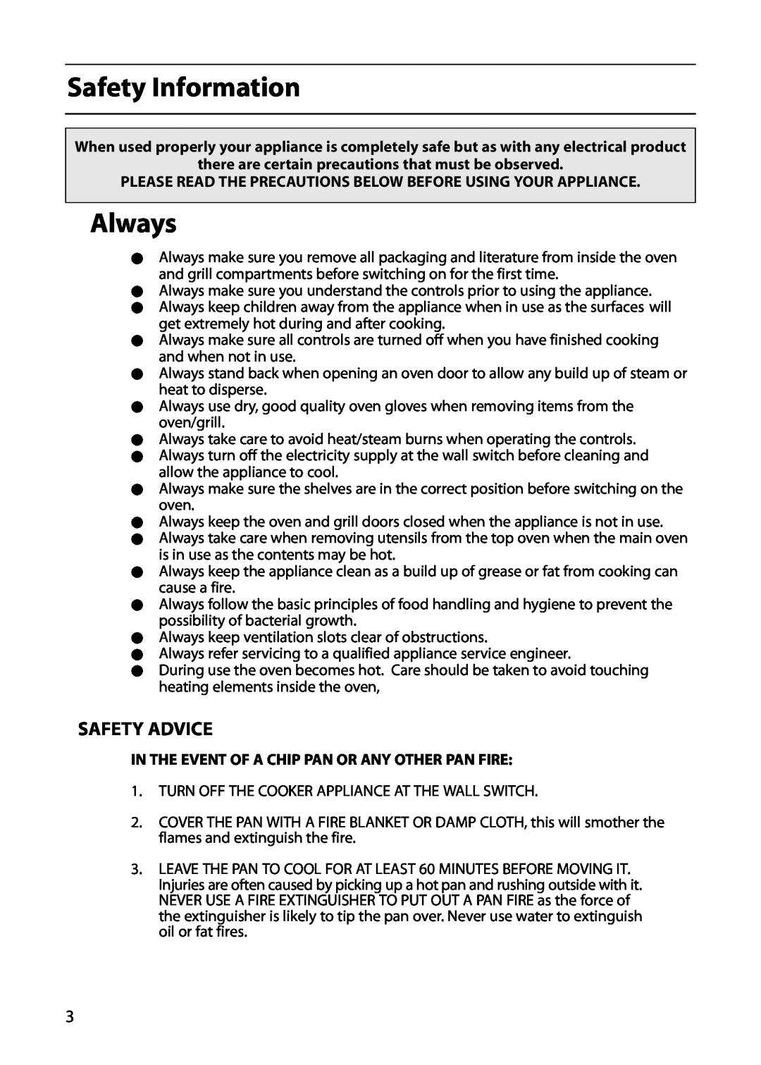 Hotpoint S220E manual Safety Information, Always, Safety Advice, In The Event Of A Chip Pan Or Any Other Pan Fire 