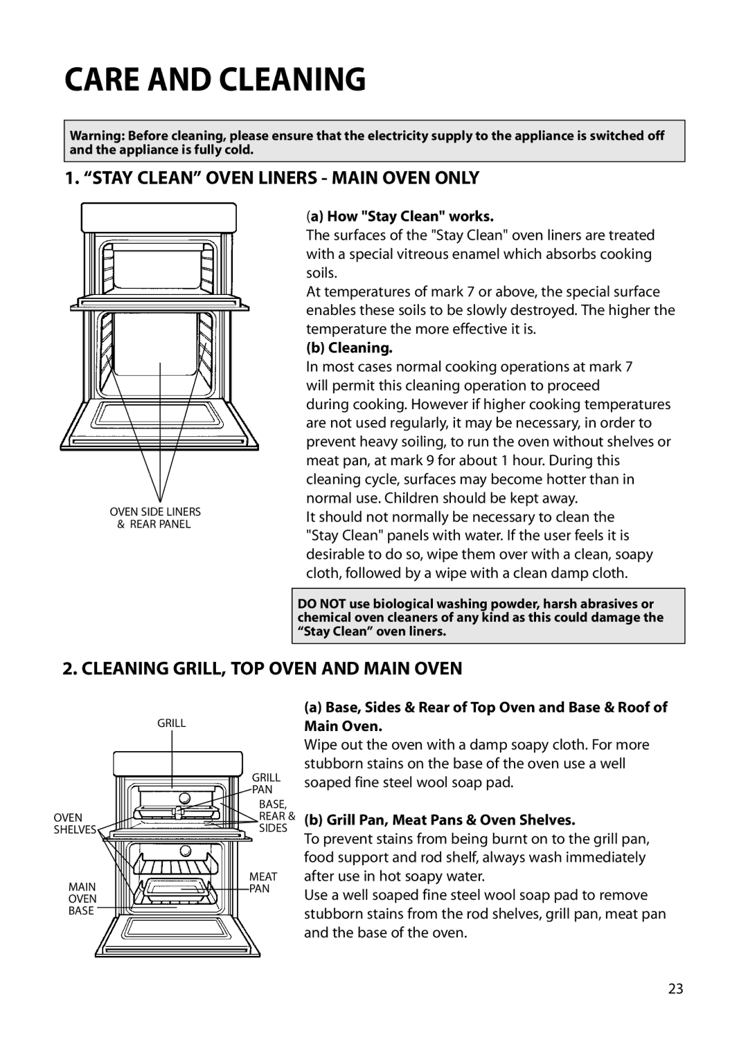 Hotpoint S230G DY230G Care and Cleaning, Stay Clean Oven Liners Main Oven only, Cleaning GRILL, TOP Oven and Main Oven 